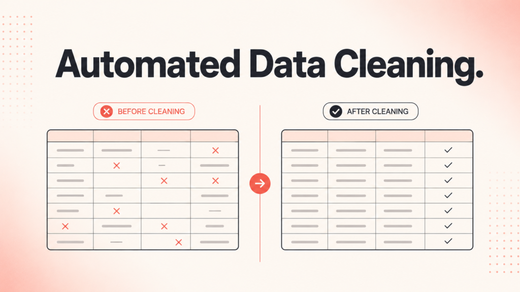 Flat vector illustration showing automated data cleaning with a before-and-after spreadsheet comparison, highlighting AI-powered data preprocessing, error detection, data quality improvement, and clean datasets for analytics.