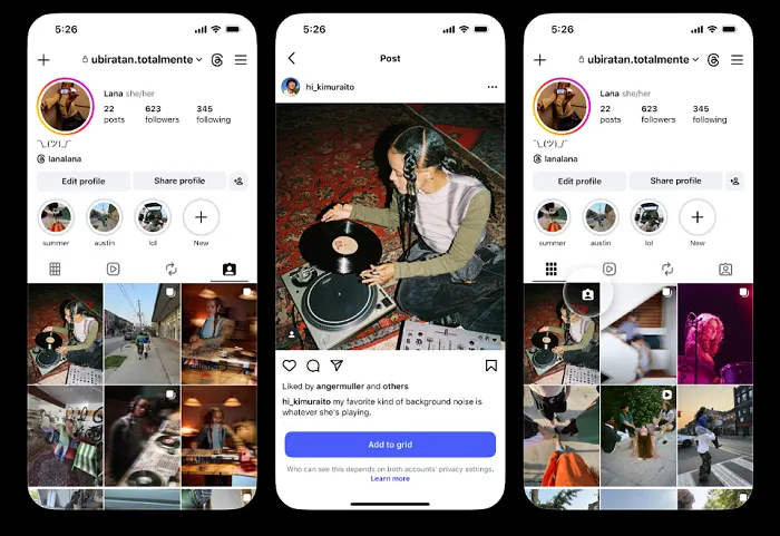 Instagram Add to Grid feature showing a tagged post being added to an Instagram profile grid