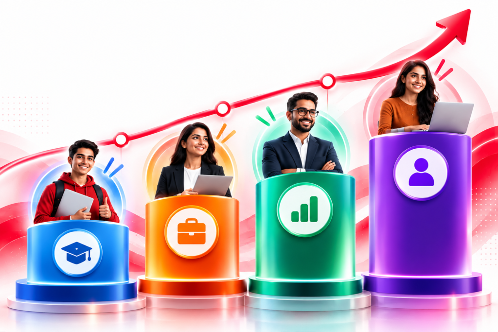 Digital marketing course for beginners illustrated with a career growth graph and rising arrow.